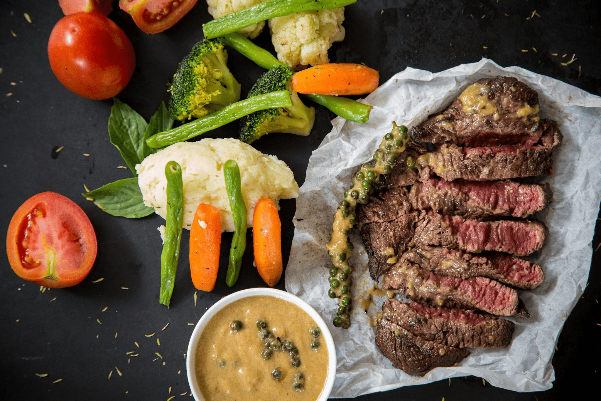 Steak, vegetables, and lentils